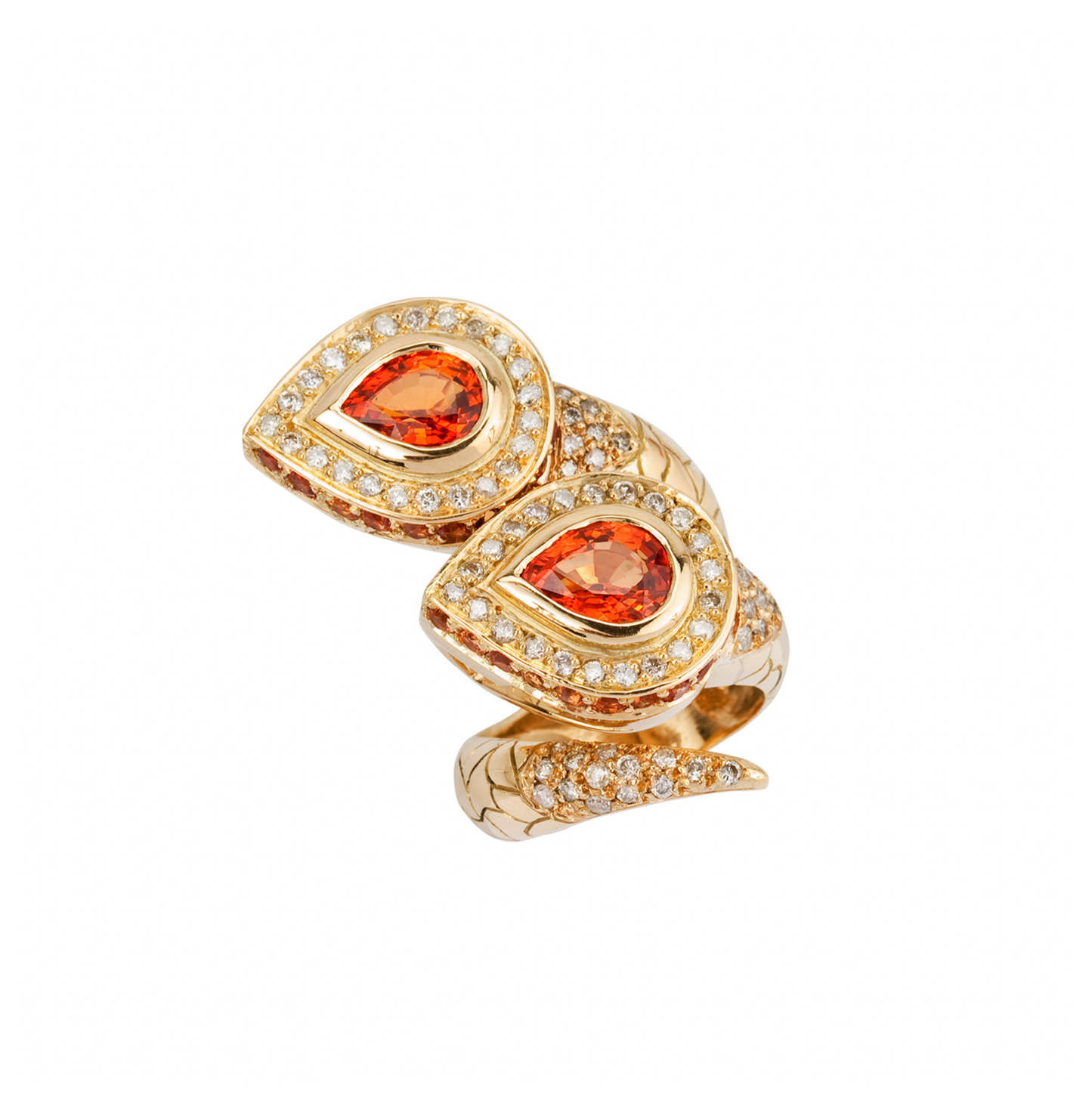 18K Yellow Gold Snake Ring with Orange Sapphires & Diamonds