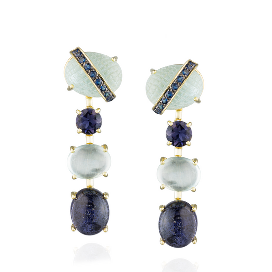 New Cab 925 Silver Earrings with Aquamarine, Sapphire, Iolite