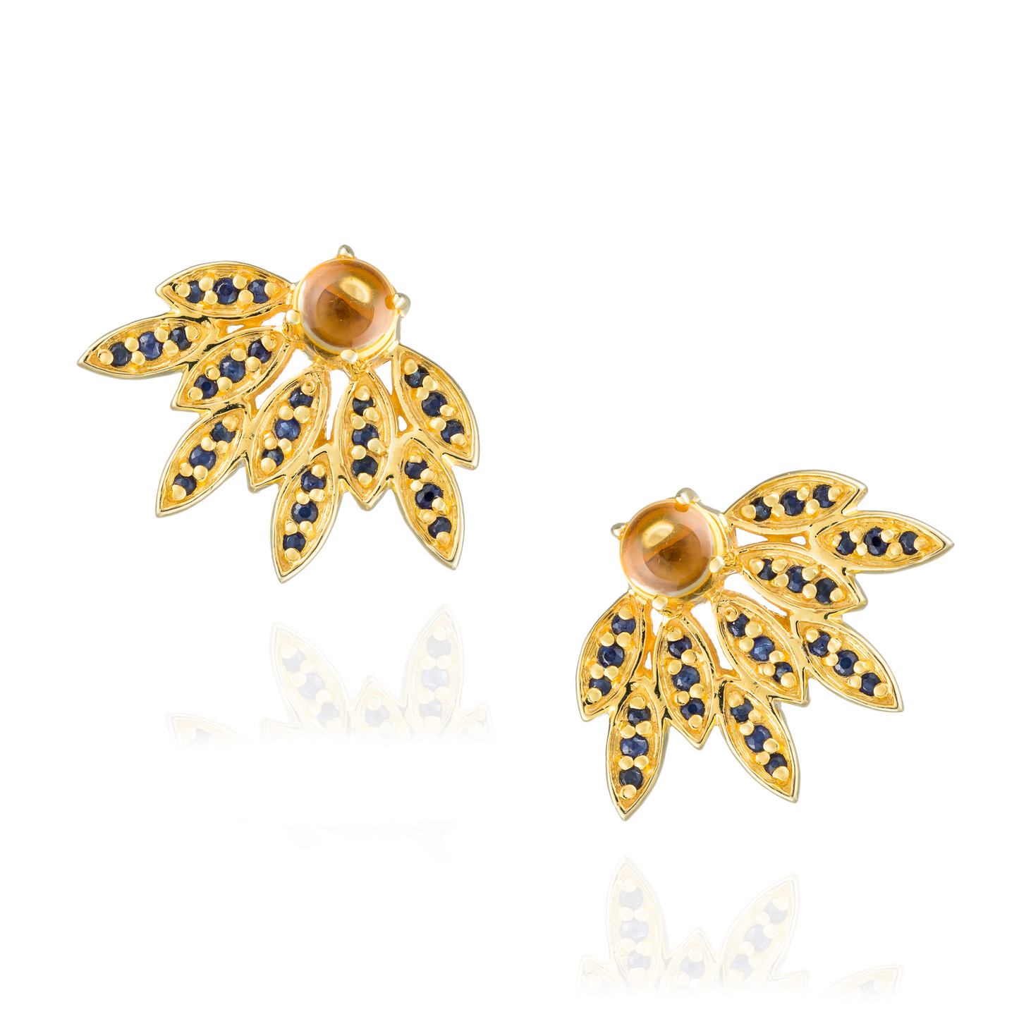 Load image into Gallery viewer, 925 Silver Earrings  Yellow Gold Plated with Citrine Cabouchon and Blue Sapphires
