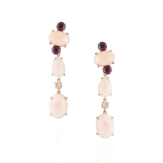 Load image into Gallery viewer, 14KT Rose Gold Earrings  Rose Coral Cabouchon with Garnet &amp;amp; Diamonds
