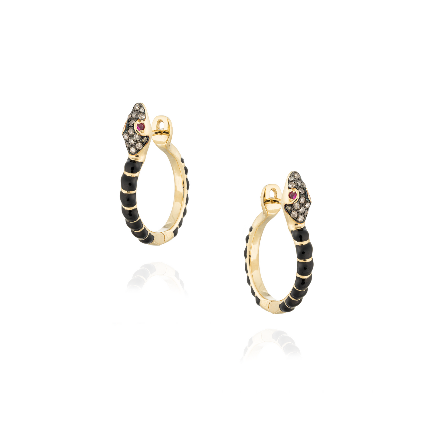18KT Yellow Gold Earring with Black Enamel , Ruby and Diamond