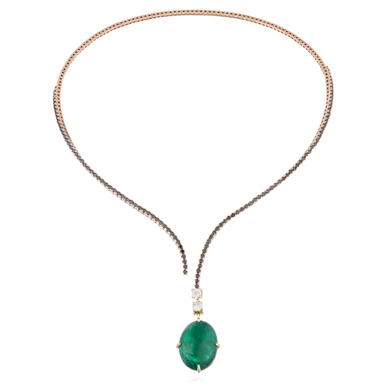 18K Yellow Gold Necklace with Black Diamonds & Emerald Cabochon