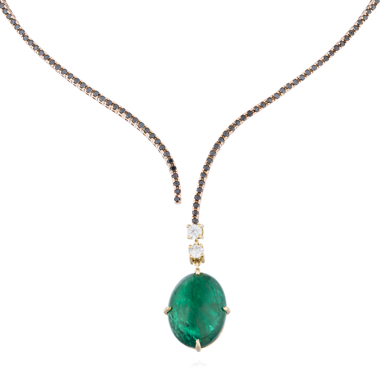 18K Yellow Gold Necklace with Black Diamonds & Emerald Cabochon