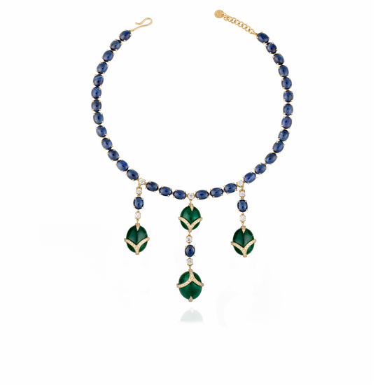 18k Yellow Gold Necklace with Emeralds Cabochon, Blue Sapphires Cabochon, and White Diamonds
