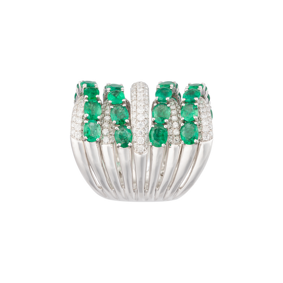 18K White Gold Ring with Emeralds & Diamonds
