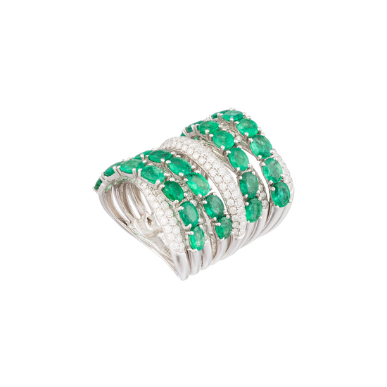 18K White Gold Ring with Emeralds & Diamonds