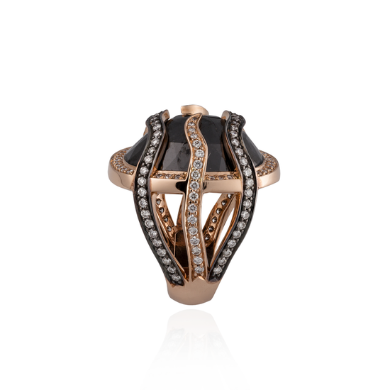 Load image into Gallery viewer, Eclipse Rose Gold Ring with Black Diamond Faceted &amp;amp; white Diamonds
