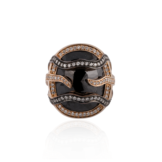 Load image into Gallery viewer, Eclipse Rose Gold Ring with Black Diamond Faceted &amp;amp; white Diamonds
