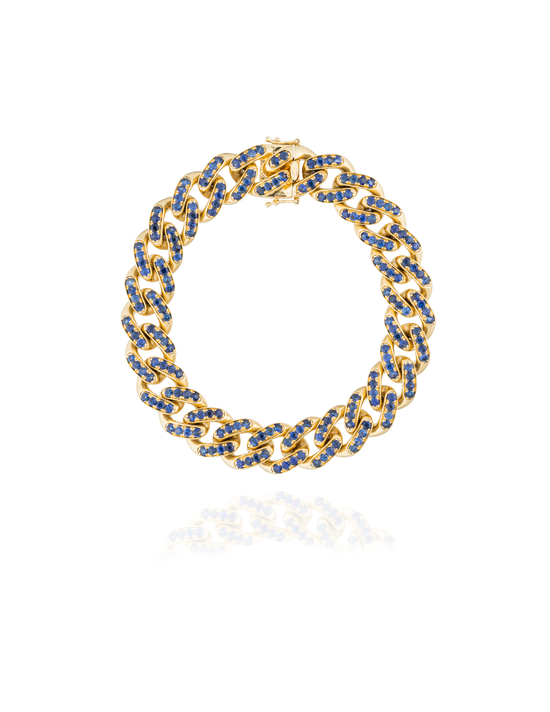 18KT Yellow Gold Cuban Link Chain  Bracelet With Blue Sapphire