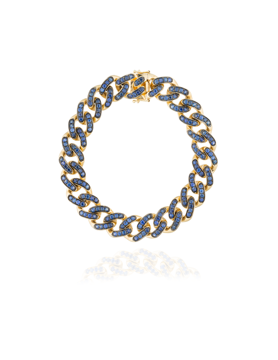 18KT Cuban Link Chain  Bracelet With Blue Sapphire