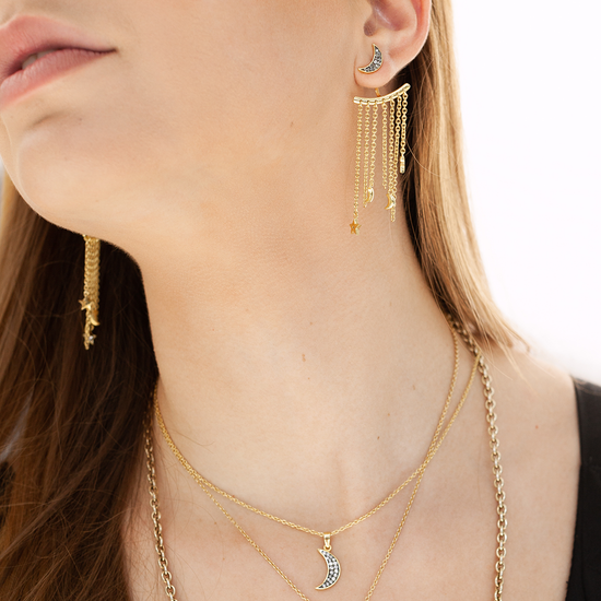 Load image into Gallery viewer, 925 Silver Moon &amp;amp; Star Earrings with Green Sapphire Pavé
