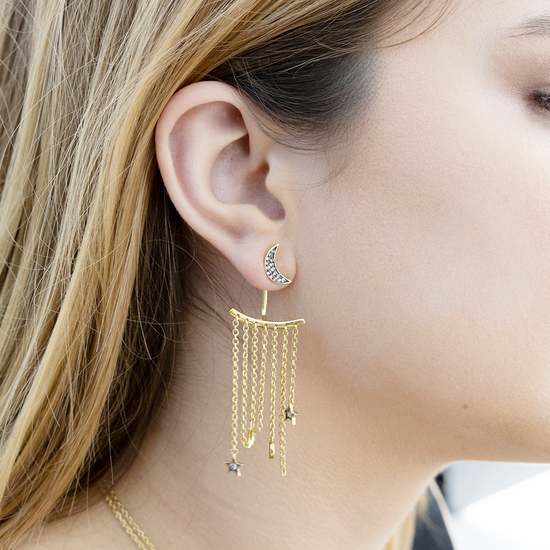 Load image into Gallery viewer, 925 Silver Moon &amp;amp; Star Earrings with Green Sapphire Pavé
