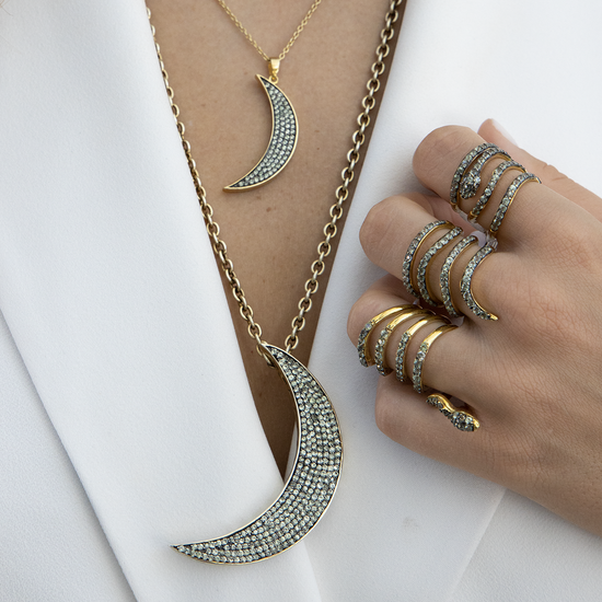 Load image into Gallery viewer, 925 Silver Large Moon Necklace with Sapphires
