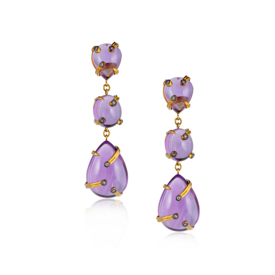 18k Yellow Gold Earrings with Amethyst Cabochons and Diamonds