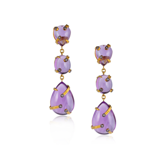 Load image into Gallery viewer, 18k Yellow Gold Earrings with Amethyst Cabochons and Diamonds
