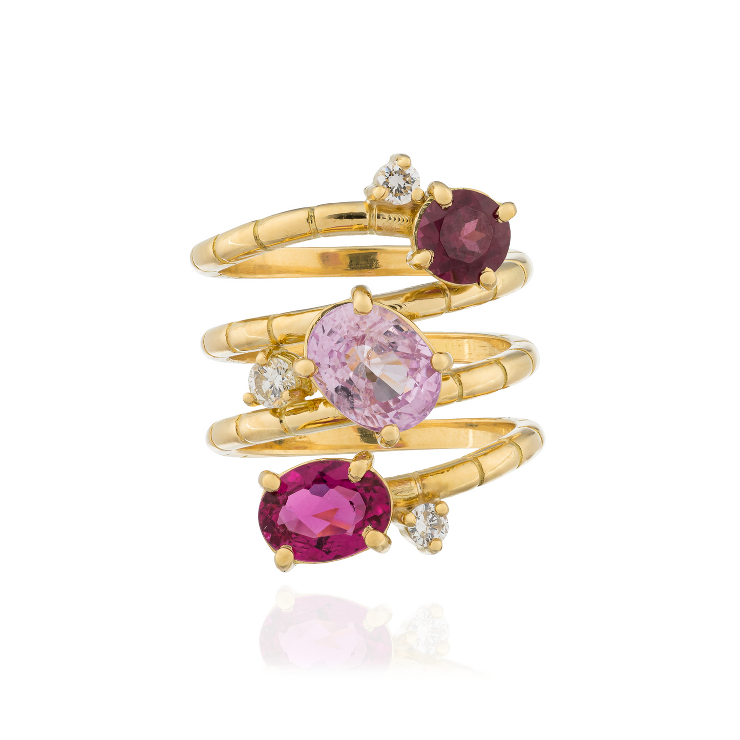 18KT Yellow Gold Ring with Rubellite, Rhodolite, Pink Sapphire  & Diamonds