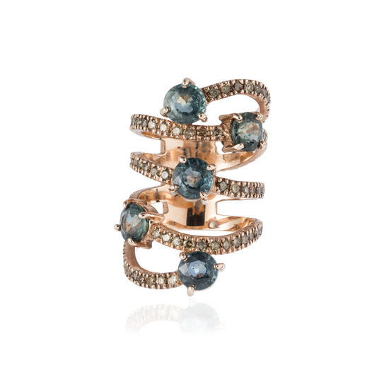 14K Rose Gold Ring with Cognac & Blue Diamonds
