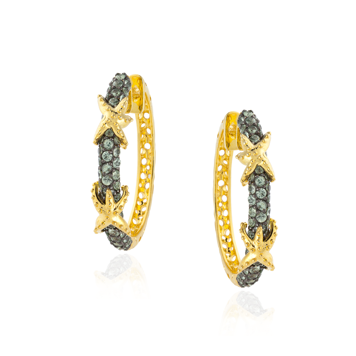 925 Silver Hoop Earrings with Green Sapphire Pavé