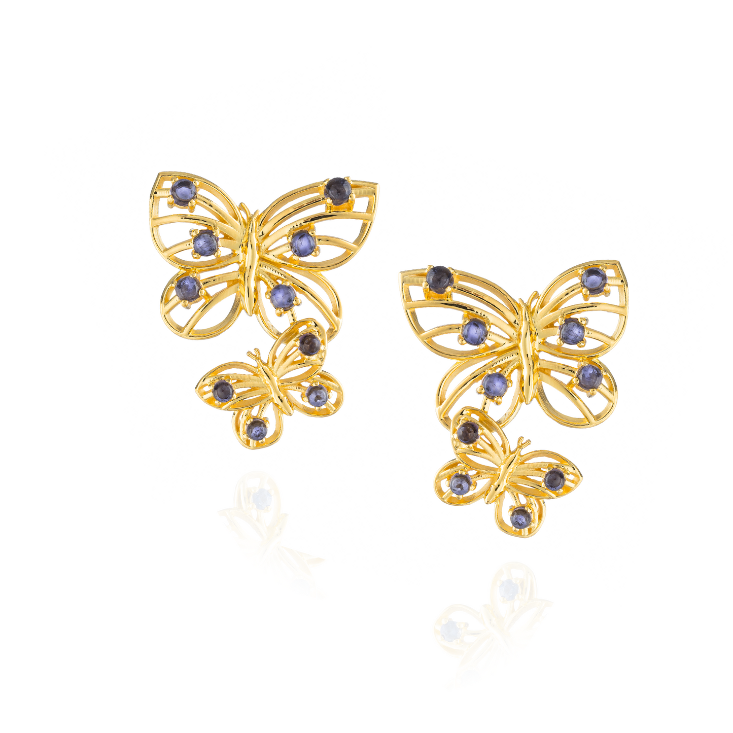 925 Silver Earrings   plated in 18k Yellow Gold with Iolite Cabouchon