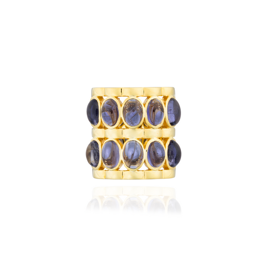 Caramelo 925 Silver Ring Plated in 18K Yellow Gold with Iolite Cabouchon