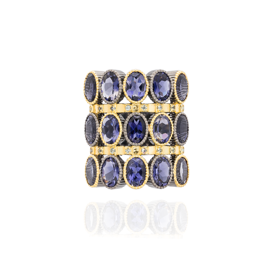 925 Silver O Ring plated in 18K Yellow Gold & Black Rhodium with Iolite & Green Sapphires