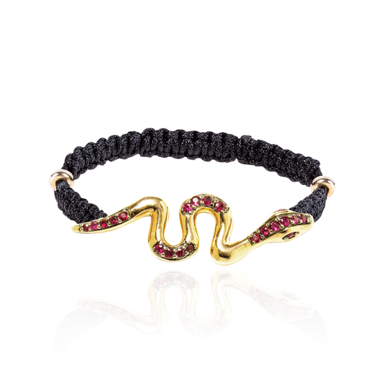 925 Silver Woven Bracelet with Gold Plated Snake in Ruby Pavé