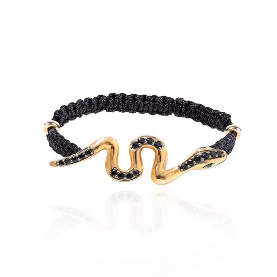 925 Silver Woven Bracelet with Gold Plated Snake & Black Sapphires