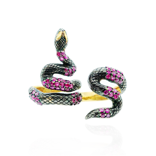 Load image into Gallery viewer, 925 Silver Double Finger Snake Ring Plated in Black Rhodium with Rubies
