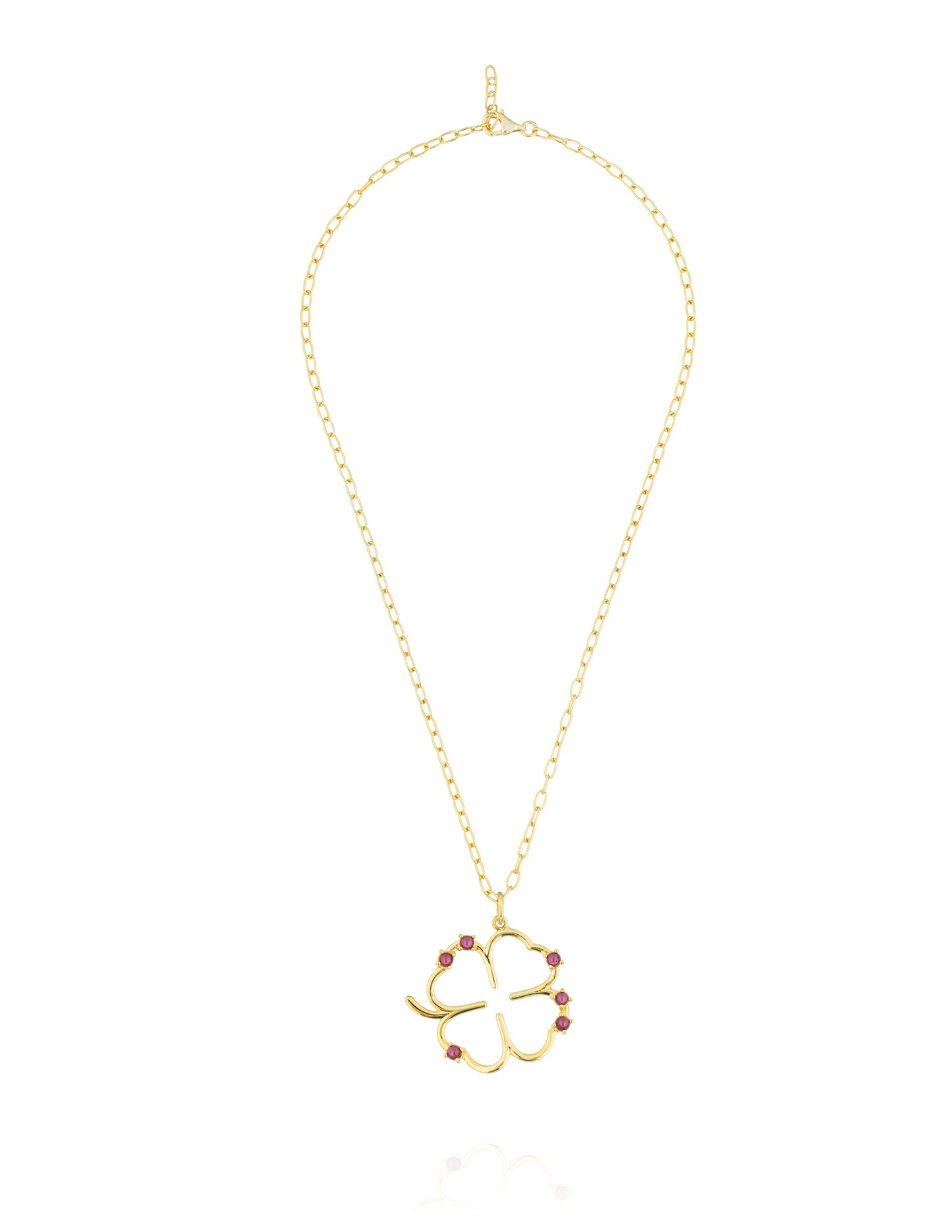 925 Silver 18KT Yellow Gold Plated Long Chain Large Clover with Rhodolite Cabouchon