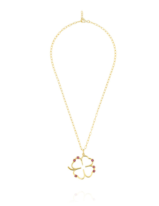 925 Silver 18KT Yellow Gold Plated Long Chain Large Clover with Rhodolite Cabouchon