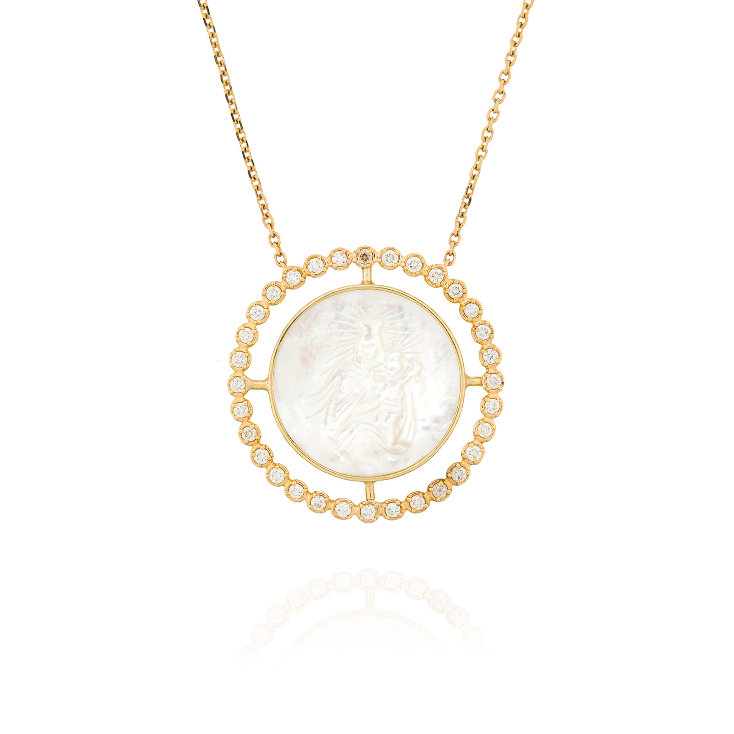 18K Yellow Gold Necklace with "Virgen del Carmen" Mother of pearl & Diamonds