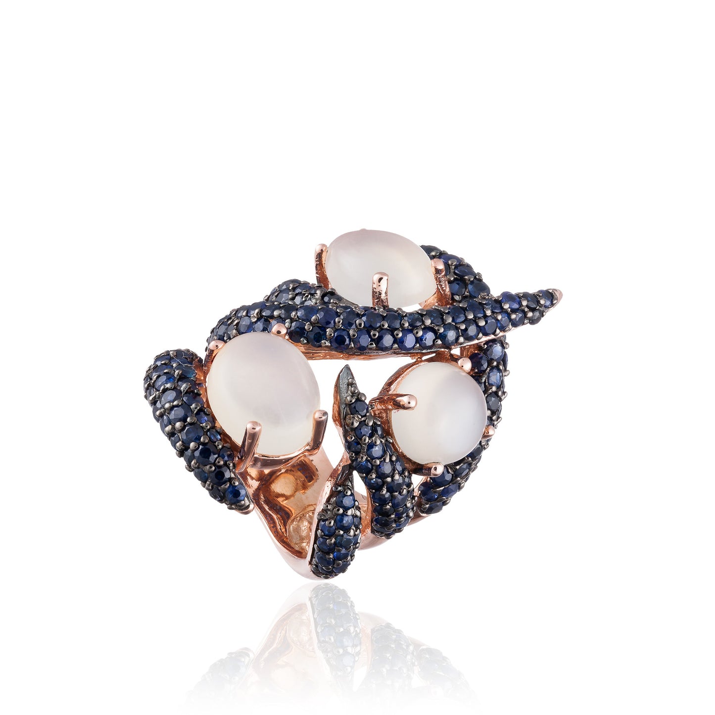 925 Silver Ring Rose Gold Plated with Moonstones & Blue Sapphires