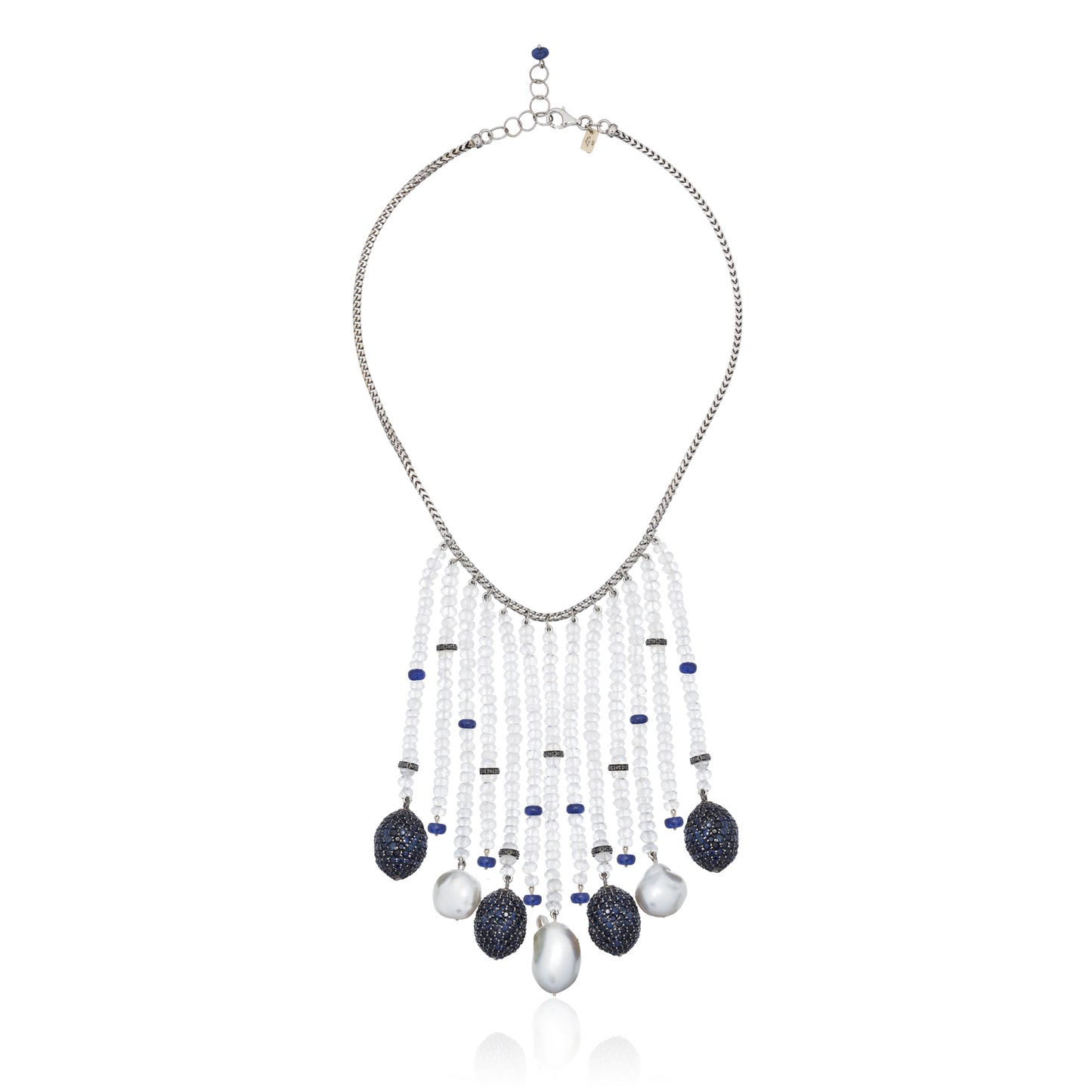 14K White Gold Necklace with Sapphires, Pearls & Moonstones