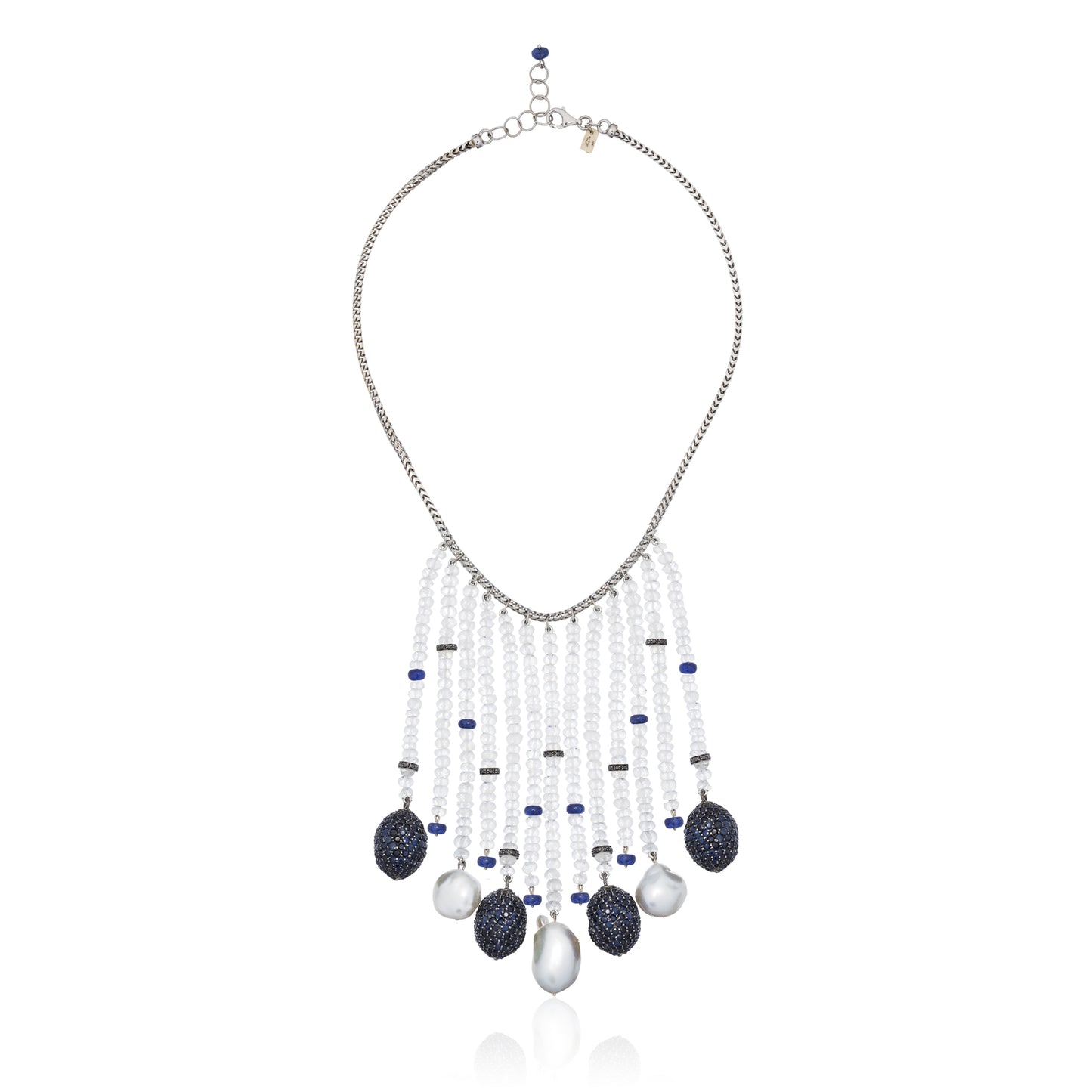 14k White Gold Necklace with Sapphires, Pearls and Moonstones