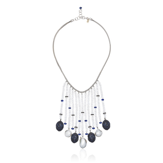 14k White Gold Necklace with Sapphires, Pearls and Moonstones