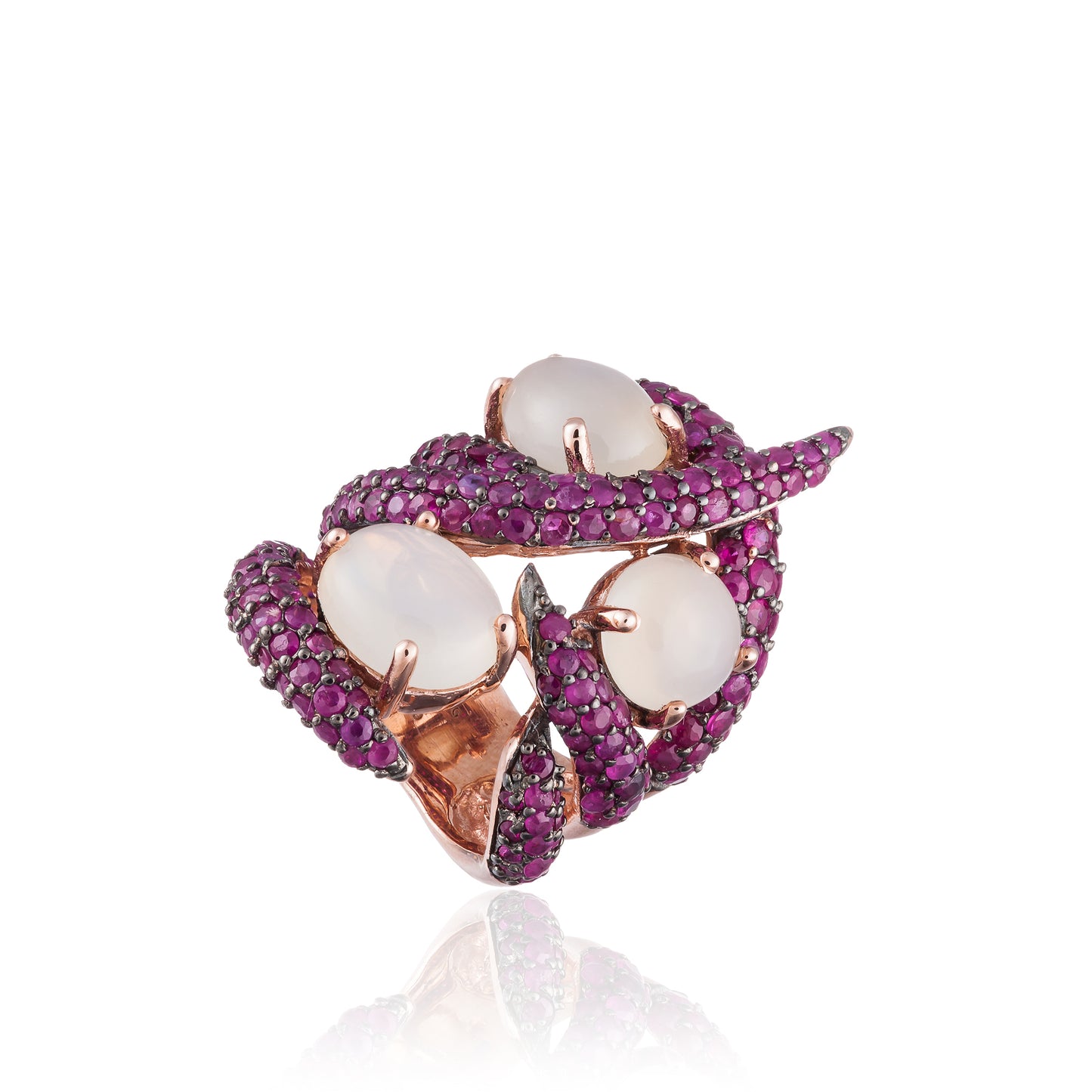 925 Silver with Moonstone Cabochon and Ruby Ring