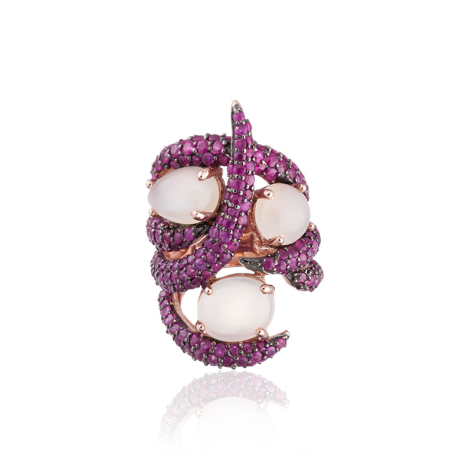 925 Silver with Moonstone Cabochon and Ruby Ring