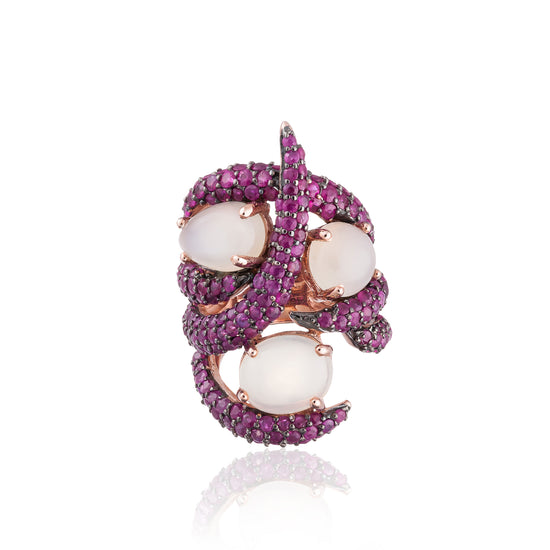 925 Silver with Moonstone Cabochon and Ruby Ring