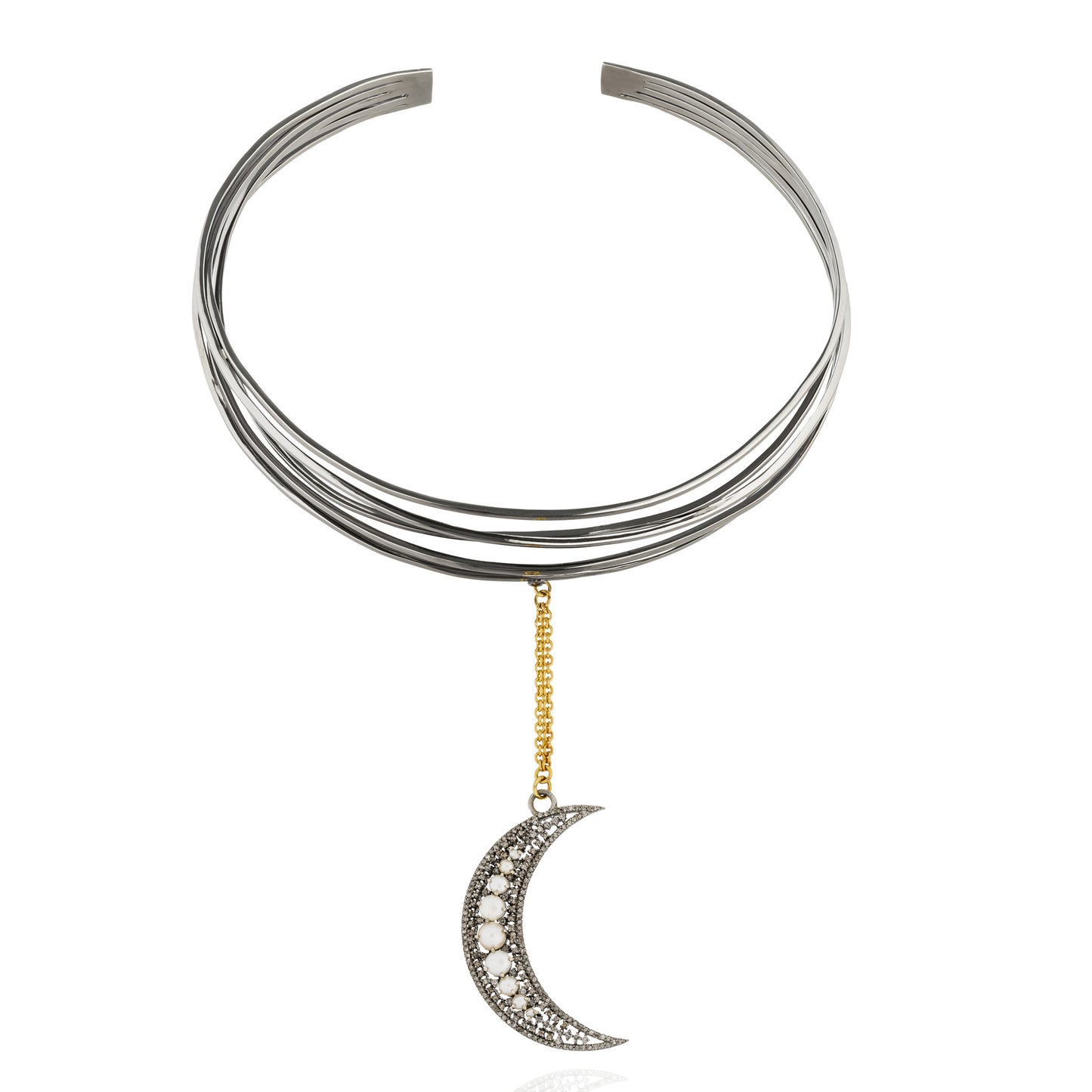 925 Silver Black Rhodium Cuff Necklace with Diamond and Pearl Moon