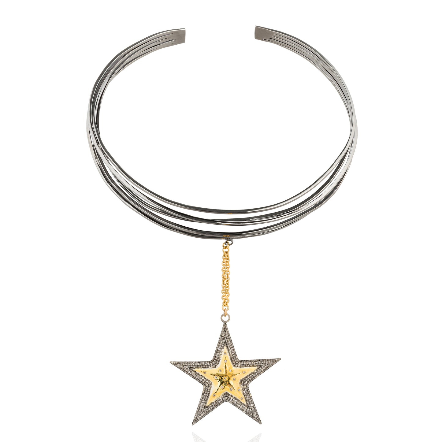 925 Silver Black Rhodium cuff Necklace Plated in Yellow Gold with Diamonds