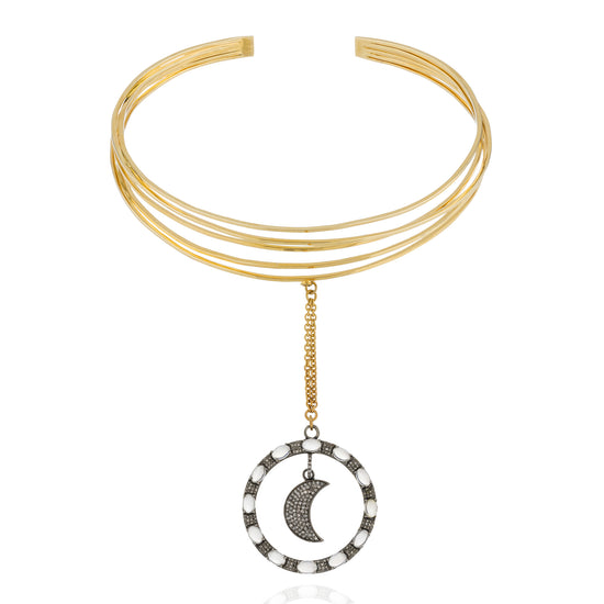 Load image into Gallery viewer, 925 Silver Yellow Gold Plated Cuff Necklace with Silver Diamond Moon and Moonstones
