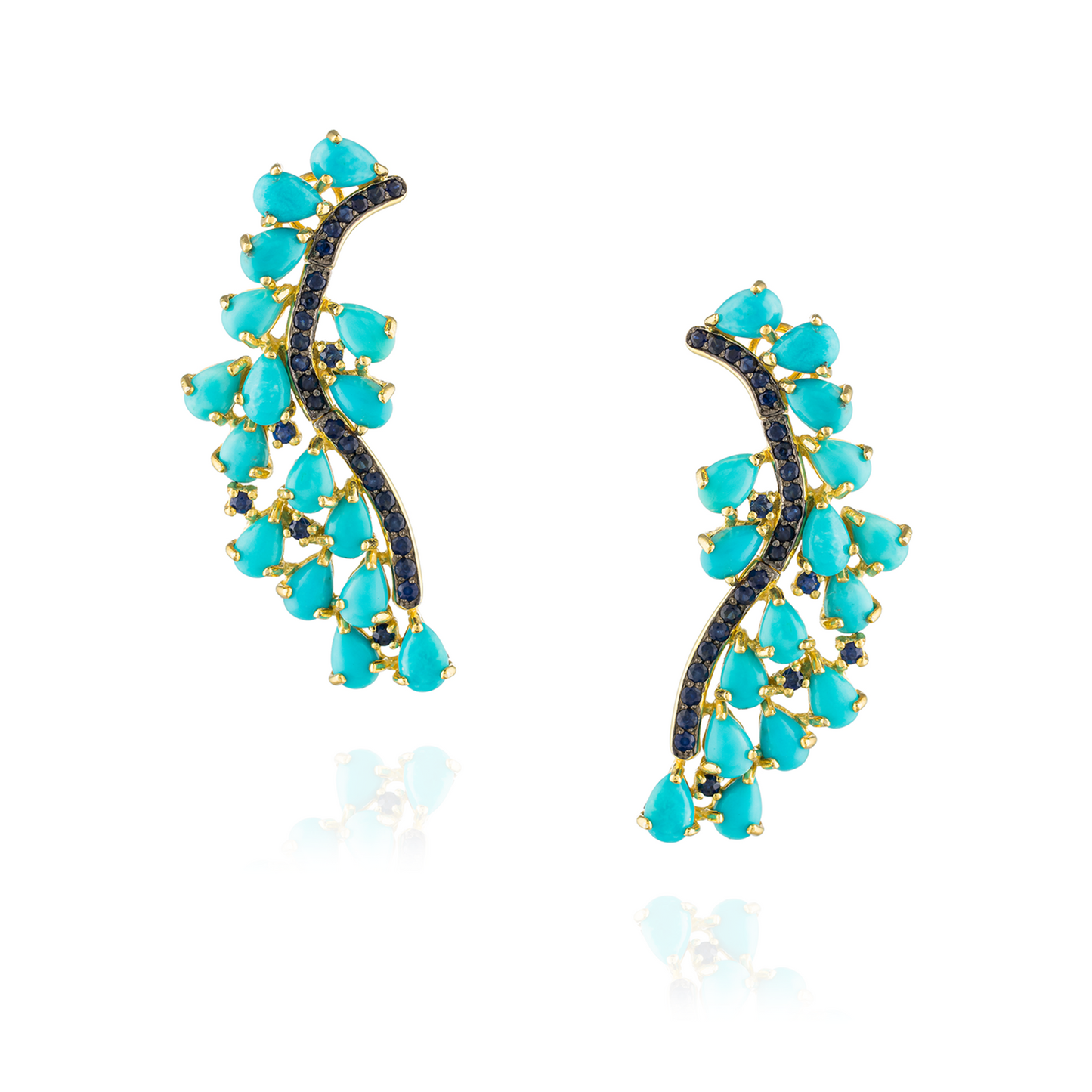 Load image into Gallery viewer, Floret 925 Silver Earrings Yellow Gold Plated with Turquoise Cabouchon and Blue Sapphires
