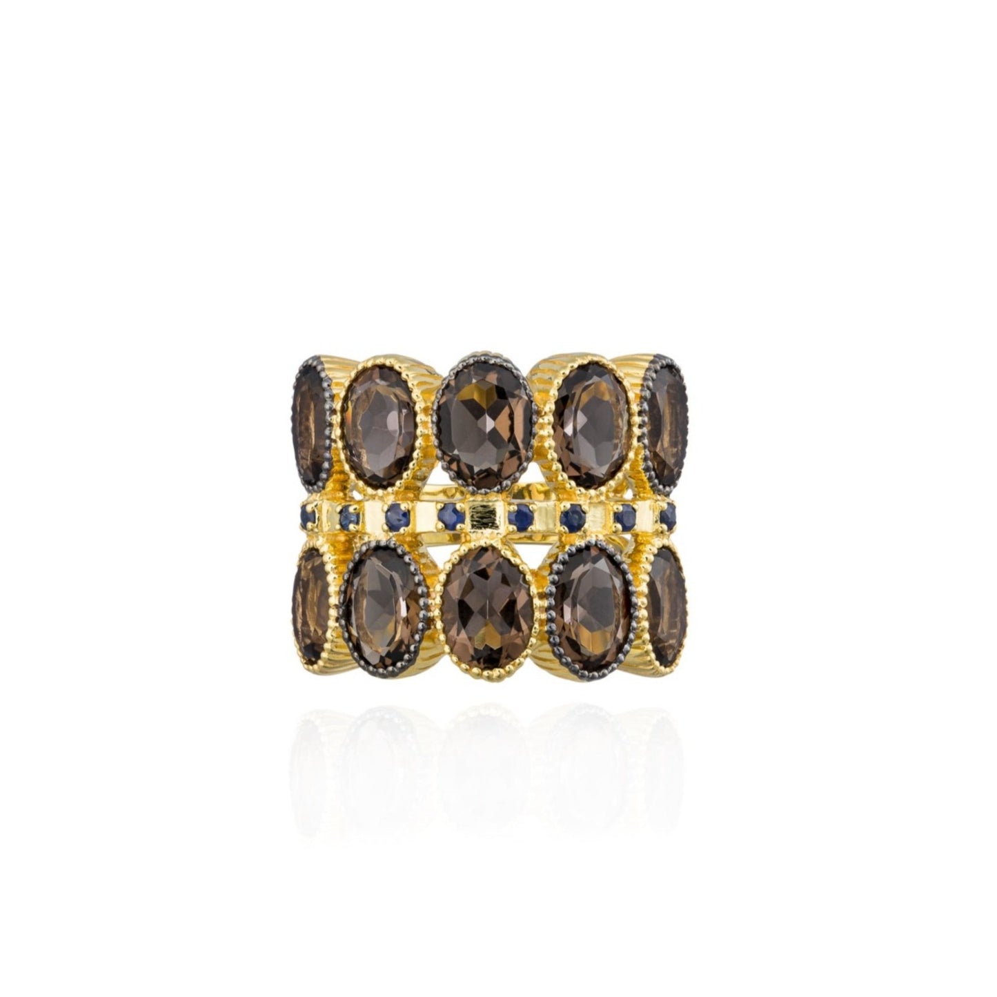 925 Silver O Ring with Smoky Quartz & Blue Sapphire