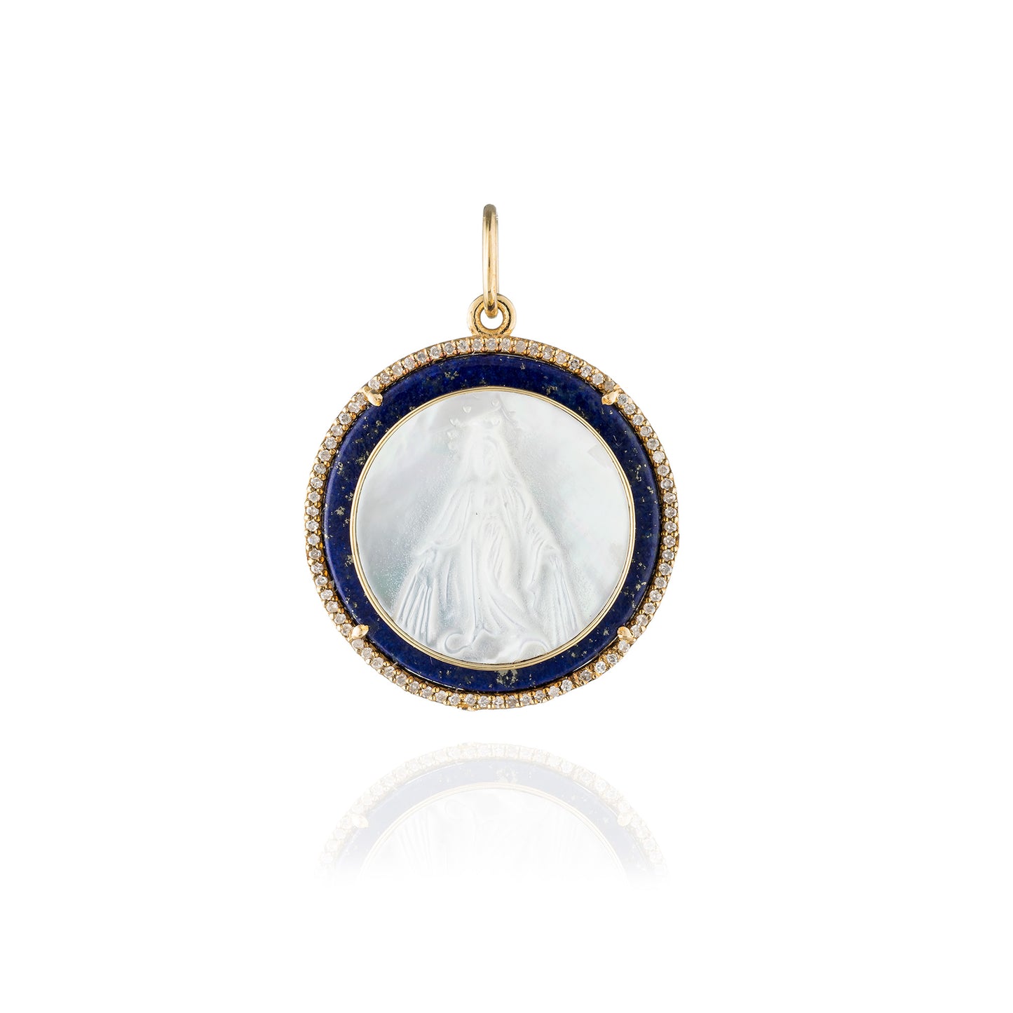 14K Yellow Gold Round Medal of Our Lady of Grace in Mother of Pearl