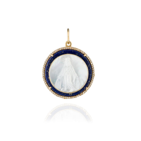 14K Yellow Gold Round Medal of Our Lady of Grace in Mother of Pearl