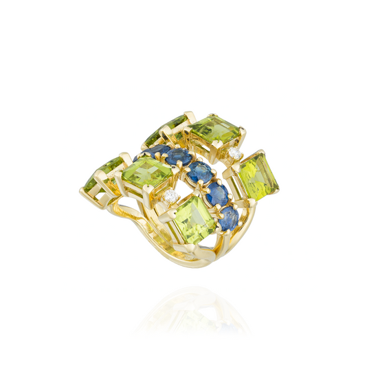 18K Yellow Gold Ring with Peridot & Blue Sapphires