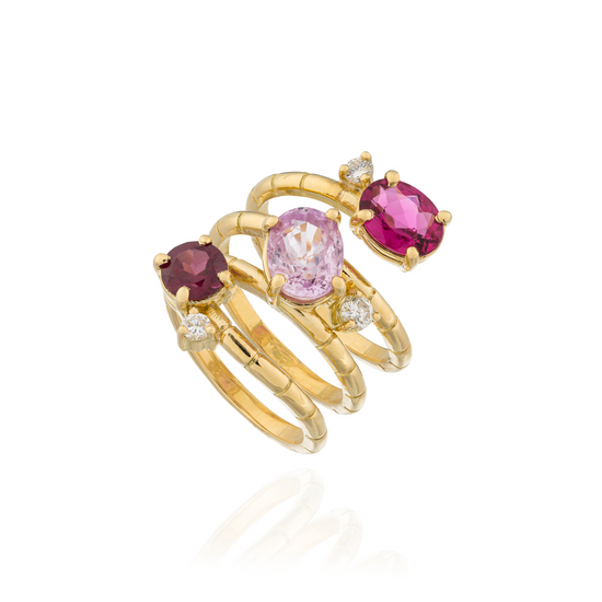 18KT Yellow Gold Ring with Rubellite, Rhodolite, Pink Sapphire  & Diamonds