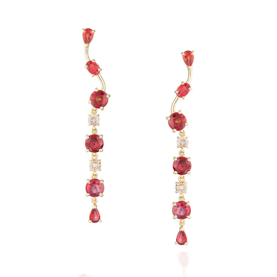 Load image into Gallery viewer, Waterfall 18KT Yellow Gold Earring with Red Sapphires &amp;amp; Cognac Diamond
