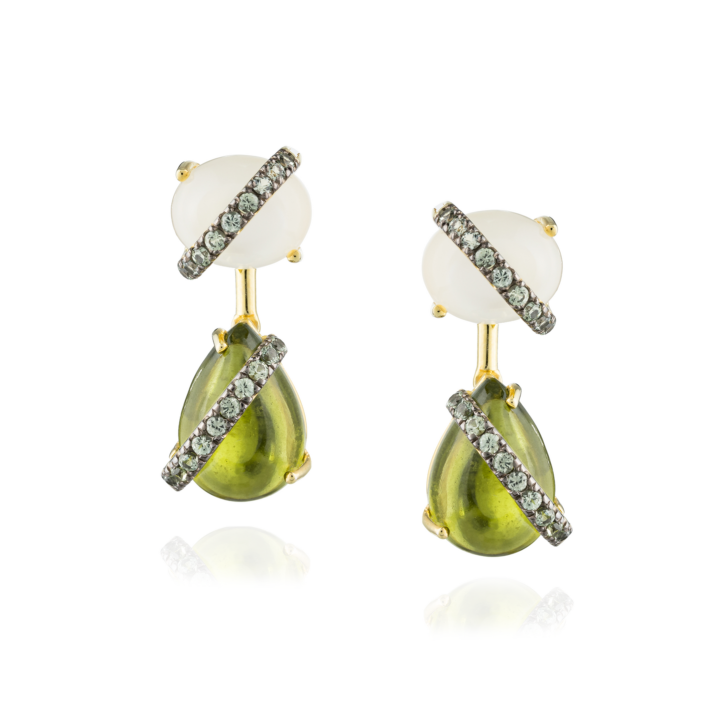 New Cab 925 Silver Earrings with  green Sapphire, Moonstone & Idocrase