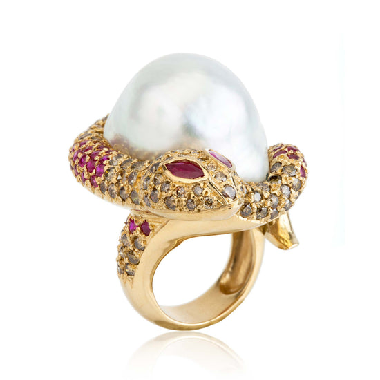 Yellow Gold Snake Ring with Cognac Diamond